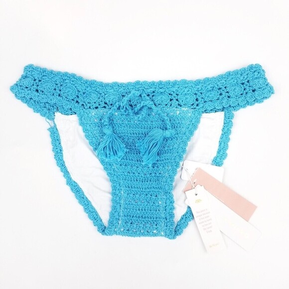 NWT PQ Swim Dreamy Blue Pure Crochet Full Cut Bikini Bottom Medium Boho Knit - Picture 1 of 4